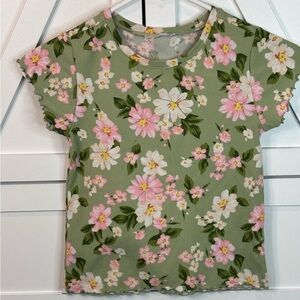 Floral Green Ribbed Girl's Top size (L)